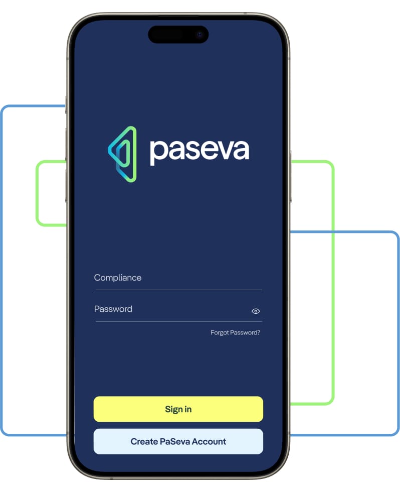 Phone displaying the PaSeva app login screen