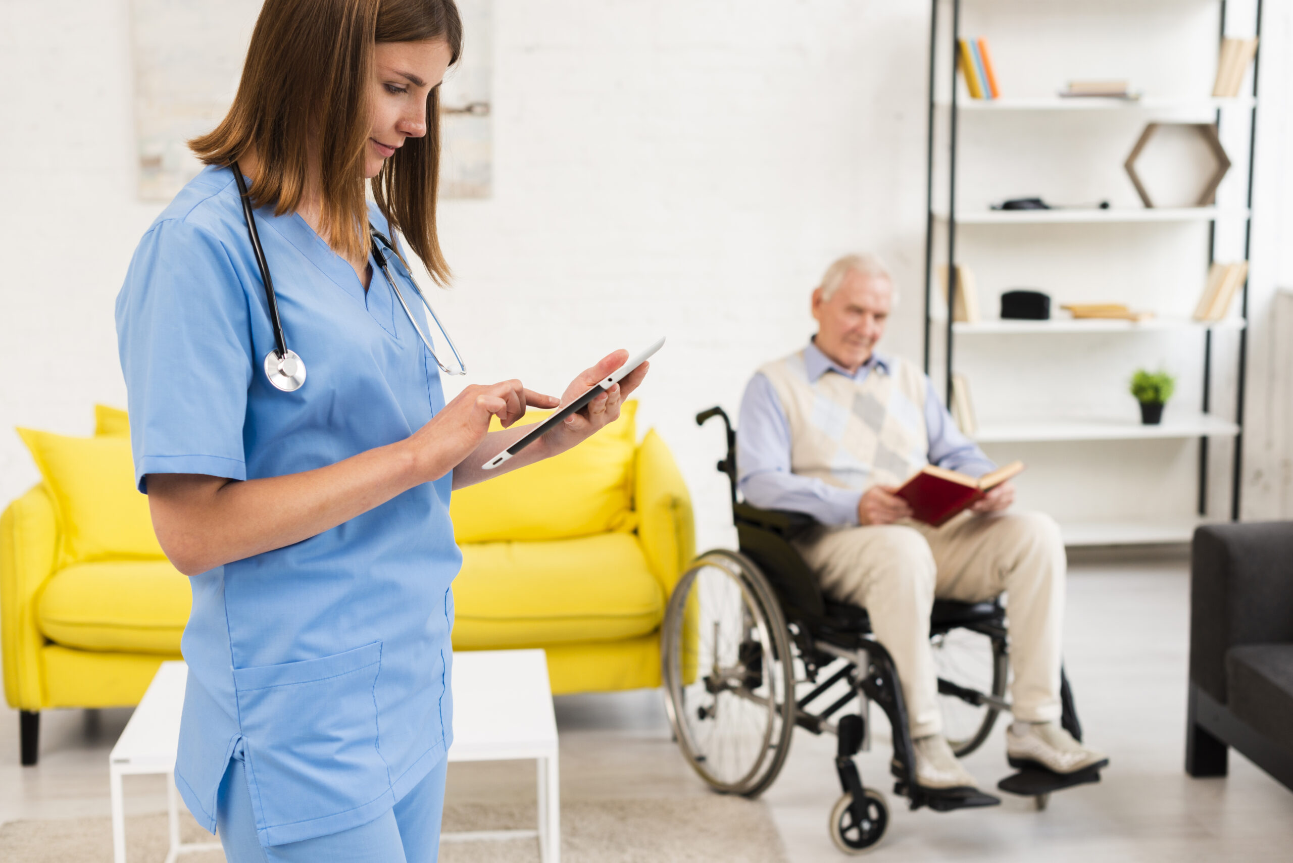 Home healthcare nurse uses electronic visit verification software to record details of home healthcare visit